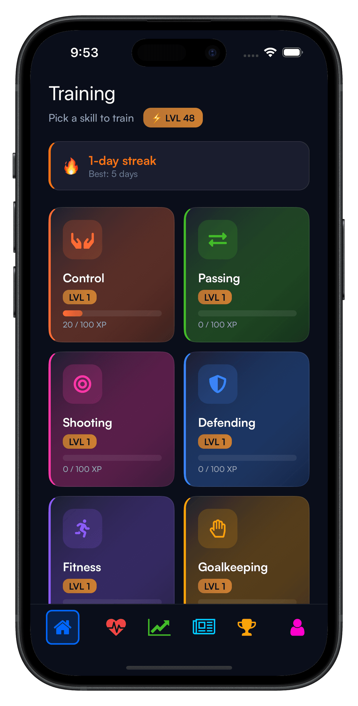 Footwork Training Screen - Pick skills to train including Control, Passing, Shooting, Defending