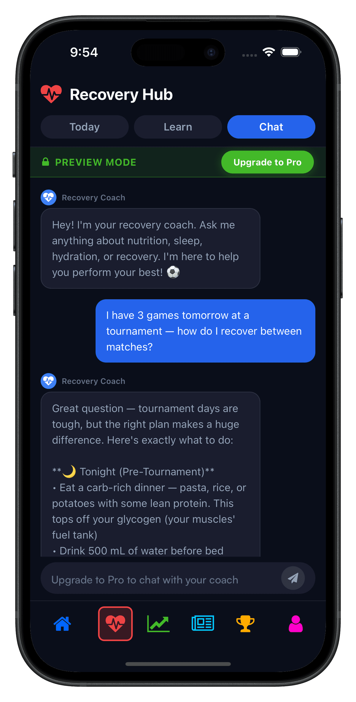 AI Recovery Coach chat providing personalized tournament recovery advice
