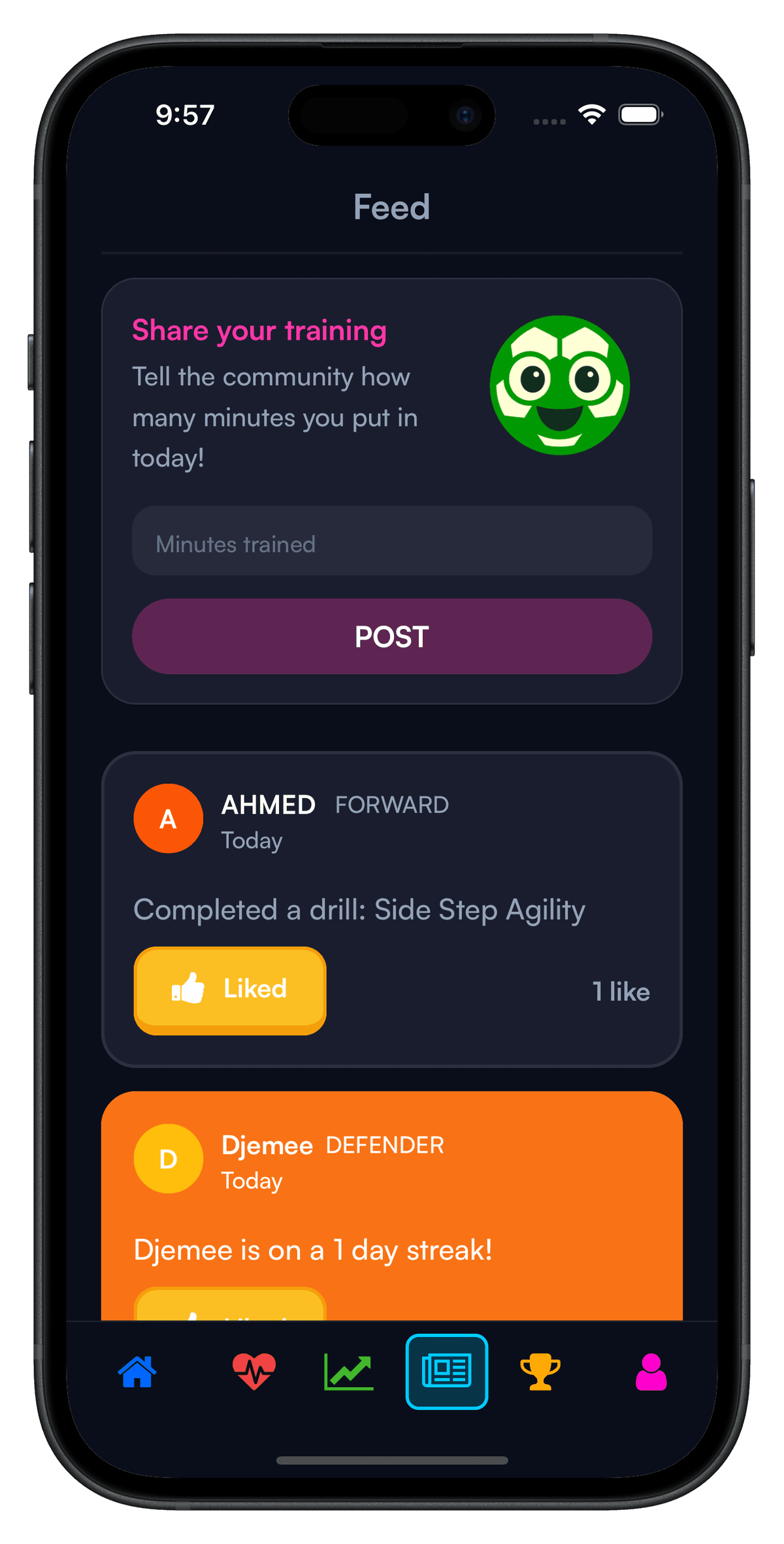 Community feed showing player training posts and streak celebrations