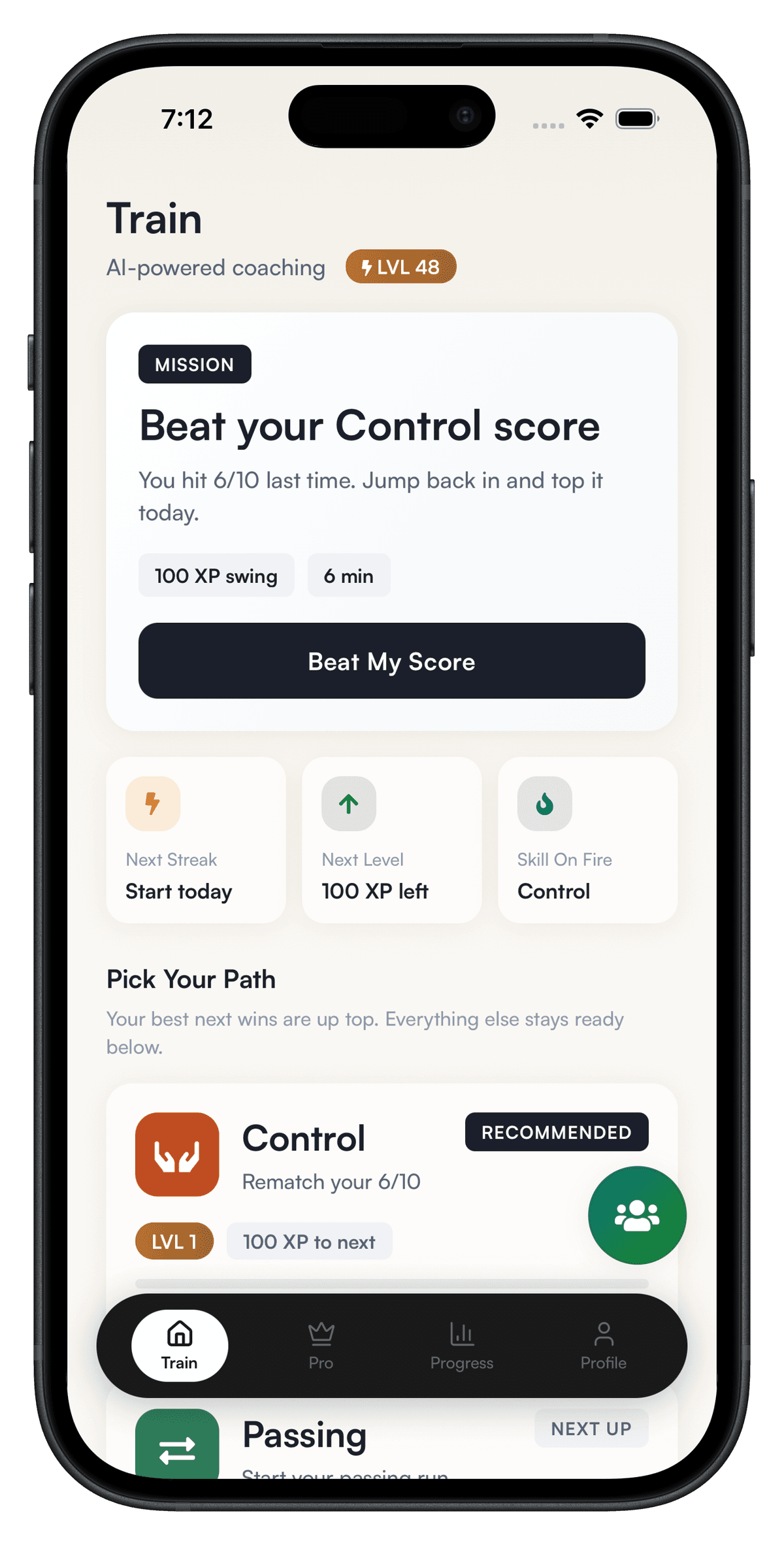Footwork dashboard with AI coaching missions and daily training