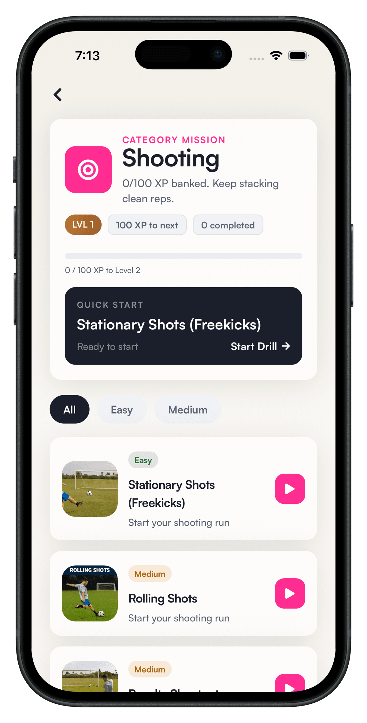 Shooting drills list with difficulty filters